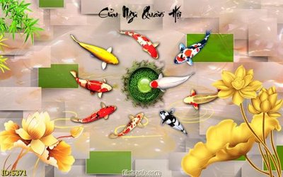 File in lụa Tranh cửu ngư quần hội sen cá S371 (chất lượng cao) Tranh cửu ngư quần hội sen cá S371