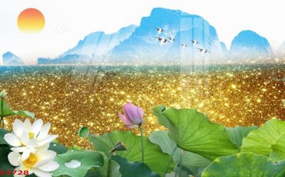 File ảnh Tranh hoa sen cá cửu ngư quần hội S3728 (gốc) in backdrop sự kiện