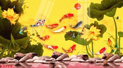 File tranh in tráng gương Tranh hoa sen cá cửu ngư quần hội S3772 (siêu nét)