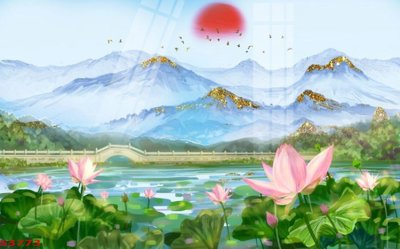 File tranh gốc Tranh hoa sen cá cửu ngư quần hội S3773 chủ đề hiện đại