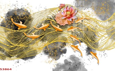 File in mica Tranh hoa sen cá cửu ngư quần hội S3864 (bản gốc) làm vách ngăn