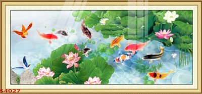 File tranh trang trí Tranh hoa sen cá cửu ngư quần hội S4027 (tải file gốc)