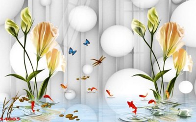 File gốc Tranh hoa sen cá cửu ngư quần hội S4085 (in lụa) họa tiết 3D