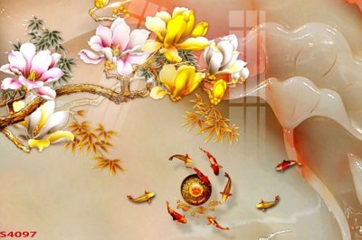 File gốc Tranh hoa sen cá cửu ngư quần hội S4097 (in lụa) tranh thuận buồm