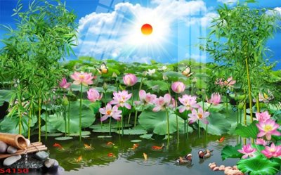 File in trần Tranh hoa sen cá cửu ngư quần hội S4150 (bản gốc) đại dương