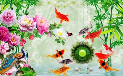 File in lụa Tranh hoa sen cá cửu ngư quần hội S4180 (phong cảnh) Tranh hoa sen cá cửu ngư quần hội S4180