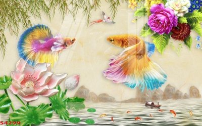 Tải file Tranh hoa sen cá cửu ngư quần hội S4299 (PSD) cho in tranh kính