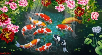 File in mica Tranh hoa sen cá cửu ngư quần hội S4301 (bản gốc) sắc sảo