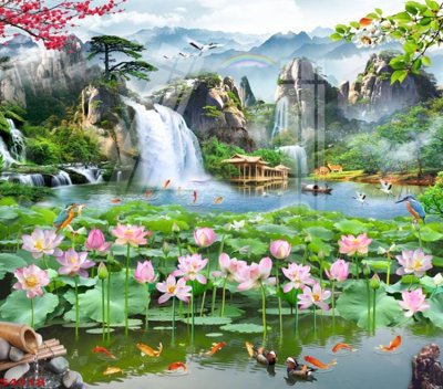 File tranh in mica Tranh hoa sen cá cửu ngư quần hội S4518 (độ phân giải cao)