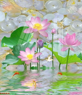 File in lụa Tranh hoa sen cá cửu ngư quần hội S4564 (chất lượng cao) Tranh hoa sen cá cửu ngư quần hội S4564