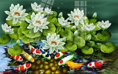 File in ấn Tranh hoa sen cá cửu ngư quần hội S4693 (bản gốc) sắc nét