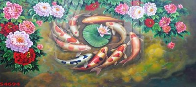 File gốc Tranh hoa sen cá cửu ngư quần hội S4694 (in lụa) tranh mã đáo