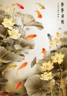 File in lụa Tranh hoa sen cá cửu ngư quần hội S4717 (hoa văn) Tranh hoa sen cá cửu ngư quần hội S4717