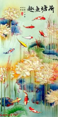 File in lụa Tranh hoa sen cá cửu ngư quần hội S4731 (tân cổ điển) Tranh hoa sen cá cửu ngư quần hội S4731