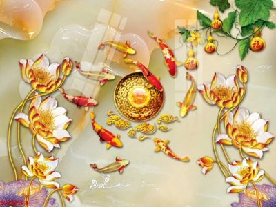 File ảnh Tranh hoa sen cá cửu ngư quần hội S4831 (gốc) in standee