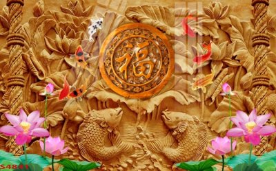 File ảnh Tranh hoa sen cá cửu ngư quần hội S4841 (gốc) in PP, decal