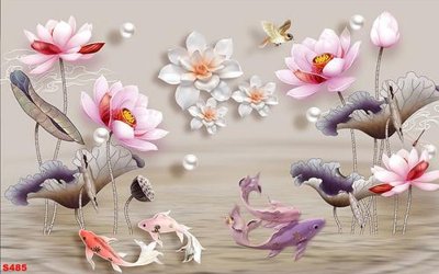 File gốc Tranh cửu ngư quần hội sen cá S485 (in ấn) màu sắc trung thực