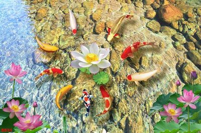 File tranh in trần Tranh cửu ngư quần hội sen cá S531 (ảnh gốc siêu nét)