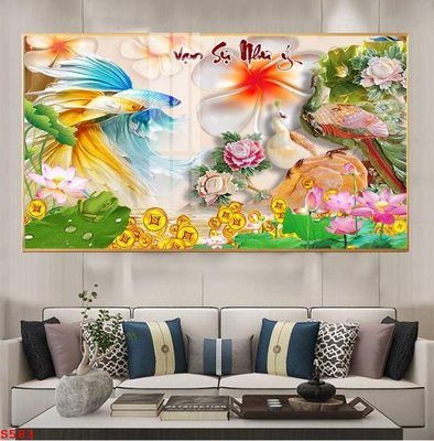 Tải file Tranh cửu ngư quần hội sen cá S583 (gốc) in tranh tráng gương