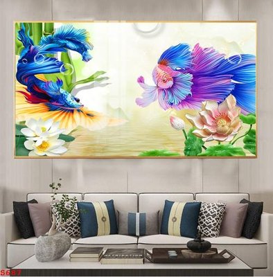 File in mica Tranh cửu ngư quần hội sen cá S687 (bản gốc) sắc sảo