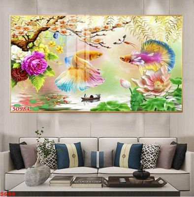 Ảnh gốc Tranh cửu ngư quần hội sen cá S688 (nét căng) in mica
