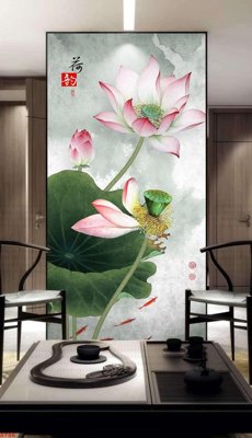 File gốc Tranh cửu ngư quần hội sen cá S786 (in lụa) trang trí tường