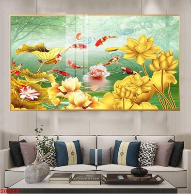File tranh gốc Tranh cửu ngư quần hội sen cá S919 (sắc nét từng chi tiết)