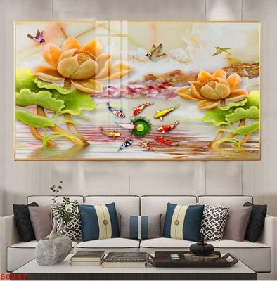 File in ấn Tranh cửu ngư quần hội sen cá S947 chuyên nghiệp