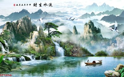 File ảnh Tranh sơn thủy thác nước phong thủy ST1056 (gốc) cho trang trí nhà hàng