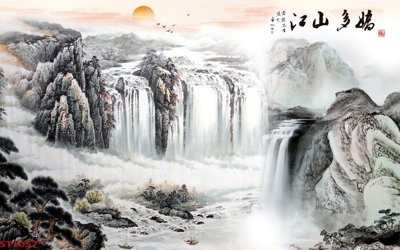 Chi tiết file tranh tráng gương Tranh sơn thủy thác nước phong thủy ST1057 (ảnh gốc)