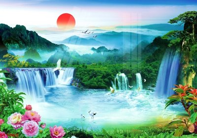 File PSD Tranh sơn thủy thác nước phong thủy ST1065 (bản gốc) cho nhà in