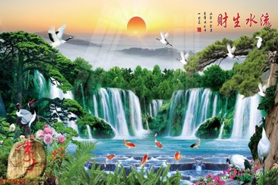 File in ấn chuyên nghiệp Tranh sơn thủy thác nước phong thủy ST1074 (file gốc)