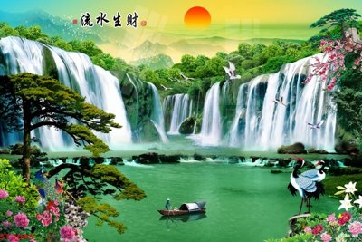 File PSD in ấn Tranh sơn thủy thác nước phong thủy ST1085 (chất lượng cao)