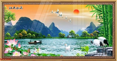 File gốc Tranh sơn thủy thác nước phong thủy ST1104 (in ấn) màu sắc trung thực