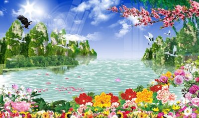 File PSD Tranh sơn thủy thác nước phong thủy ST1108 (bản gốc) dễ dàng edit