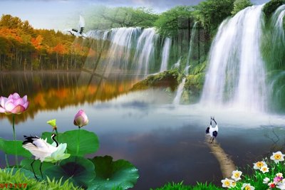 File tranh Tranh sơn thủy thác nước phong thủy ST1177 (gốc) in trên kính