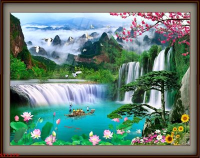 File tranh gốc Tranh sơn thủy thác nước phong thủy ST1279 (bản đẹp) độc quyền