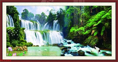 Tải file gốc in lụa Tranh sơn thủy thác nước phong thủy ST1293 siêu nét