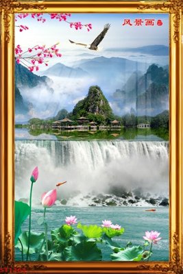 File ảnh Tranh sơn thủy thác nước phong thủy ST1363 (gốc) in PP, decal