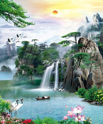 File gốc Tranh sơn thủy thác nước phong thủy ST1368 (PSD/TIFF) độ phân giải cao