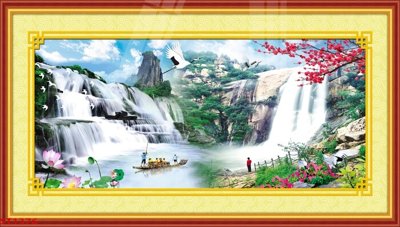 File gốc Tranh sơn thủy thác nước phong thủy ST1376 (in lụa) cao cấp