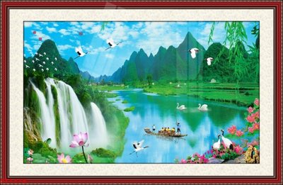 File in trần Tranh sơn thủy thác nước phong thủy ST1378 (bản gốc) mây trời