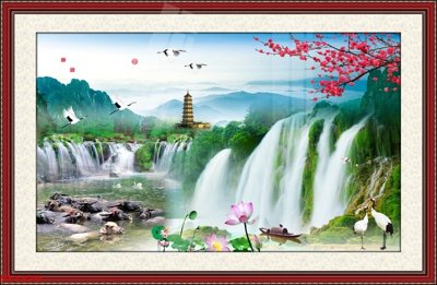 File ảnh Tranh sơn thủy thác nước phong thủy ST1379 (gốc) in decal dán tường