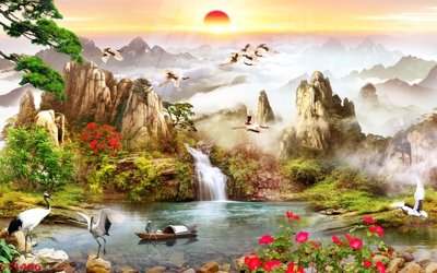 Tải file Tranh sơn thủy thác nước phong thủy ST1406 (ảnh gốc) in gạch 3D