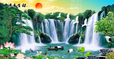 File gốc Tranh sơn thủy thác nước phong thủy ST1417 (phong cách) cổ điển