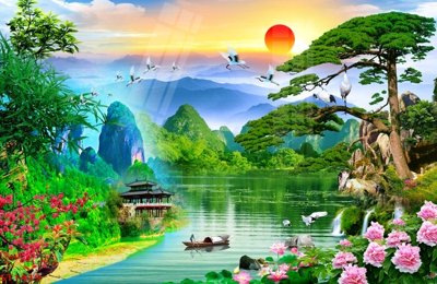 File tranh Tranh sơn thủy thác nước phong thủy ST1419 (ảnh gốc) chi tiết rõ ràng