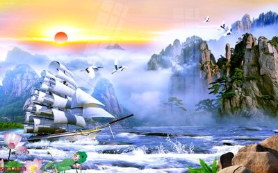 Tải file Tranh sơn thủy thác nước phong thủy ST1421 (PSD) cho in tranh kính