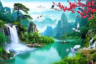 File gốc Tranh sơn thủy thác nước phong thủy ST1423 (phiên bản chuẩn) để in ấn