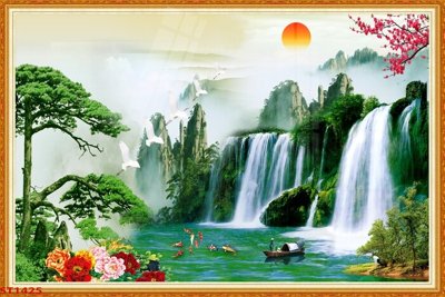 File gốc in mica Tranh sơn thủy thác nước phong thủy ST1425 chất lượng