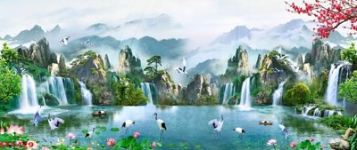 File PSD Tranh sơn thủy thác nước phong thủy ST1429 (gốc) tách lớp chi tiết